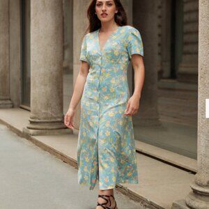 Uniqlo V-Neck Short-Sleeve Button-up Blue Maxi Dress, Size L